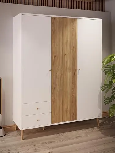 Forte Harllson Kleiderschrank Weiß mit Holzdekor - Kleiderschrank mit EasyKlix Montage, Soft-Closing-System und eleganten Holzgriffen. Ideal für Schlafzimmer oder Diele, bietet viel Stauraum mit Stange und Schubladen.
