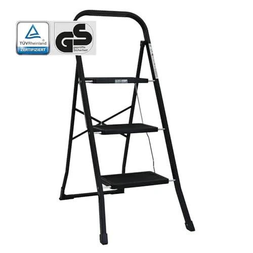 TRUTZHOLM Trittleiter 3 Stufen klappbar - Leiter für Haushalt und Werkstatt, TÜV/GS zertifiziert, mit Anti-Rutsch Trittflächen und Sicherheitsverriegelung für maximalen Stand und hohe Traglast bis 150 kg.