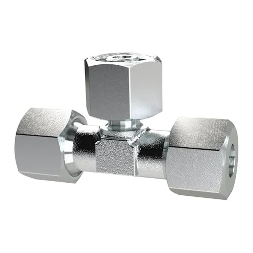 Riegler Einstellbare T-Anschlussverschraubung - Druckluftzubehör mit 360° drehbarem Dichtkegel, ideal für flexible Rohrverbindungen bis 160 bar, aus verzinktem Stahl für hohe Langlebigkeit.