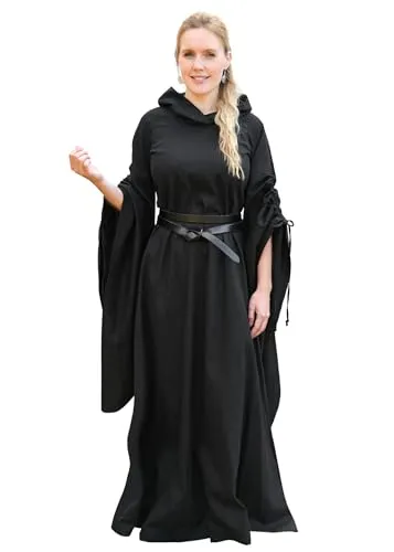 Battle-Merchant - langes Mittelalterkleid Isra mit Trompetenärmeln und großzügiger Kapuze für Damen - für Karneval, Halloween, LARP (XL, Schwarz)