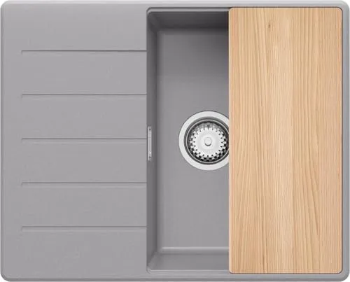 PRIMAGRAN Spülbecken Grau 62x50cm, Granitspüle 1 Becken + Ablauf-Set + Schneidebrett, Küchenspüle ab 45er Unterschrank - Kopenhagen S214