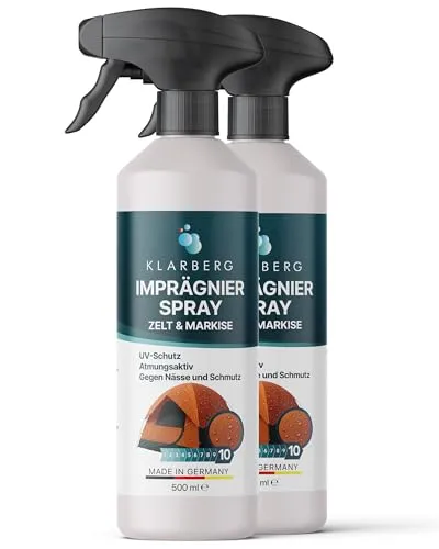 KLARBERG Pavillon & Zelt Imprägnierung - Imprägnierspray Zelt, Markisen und Pavillon - Atmungsaktive Flächen- und Nahtdichtung für Zelte - Outdoor Imprägnierspray - Biologisch Abbaubar (2X 500 ml)