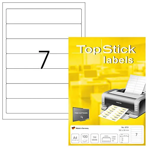 TopStick 8721 Ordnerrücken Etiketten schmal kurz, 100 Blatt, 192 x 38 mm, 7 pro A4 Bogen, 700 Stück, selbstklebend, bedruckbar, blickdicht, blanko Papier Ordneretiketten Rückenschilder Aufkleber, weiß