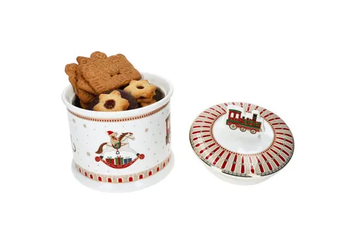 MamboCat Keksdose Polar Train - Runde Porzellan-Gebäckdose - Keksdosen für festliche Anlässe, mit 3D-Lokomotiv-Knauf und buntem Weihnachtsdekor. Ideal zur Aufbewahrung von Plätzchen und als dekorativer Hingucker.