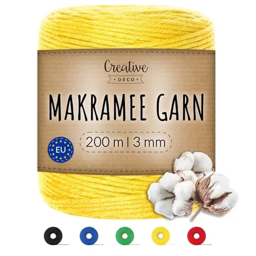 Creative Deco 200m Gelb Makramee Garn 3mm | 328 Fuß | 15-lagig Schnur | Baumwollgarn Baumwoll Kordel Große Rolle Naturliche Stark | Macrame Cord 3mm für Basteln, DIY, Handwerk & Boho Deko