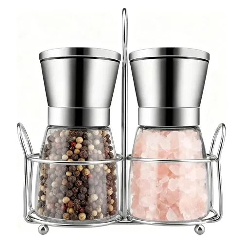 Atliberswo Gewürzmühlen 2er-Set mit Ständer – 180ml Salz & Pfeffer Mühlen aus Glas & Edelstahl mit Keramikmahlwerk, Einstellbarer Mahlgrad, Küchenzubehör für Salz, Pfeffer, Kräuter und Gewürze