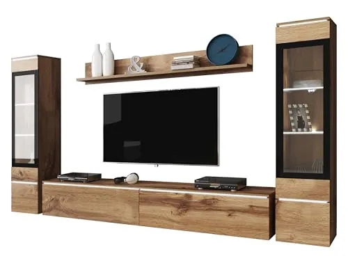 Mirjan24 Wohnwand Doppo II - Griffloses Design mit LED-Beleuchtung - Moderne Wohnwand Doppo II aus hochwertigem gehärtetem Glas, flexibel aufstellbar oder hängend. Inklusive weißer LED-Beleuchtung für stimmungsvolle Akzente.