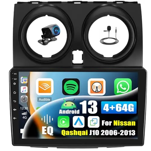 OiLiehu 4+64G Android 13 Doppel Din Autoradio für Nissan Qashqai J10 - Digital Media-Receiver mit 9-Zoll-IPS-Display, Wireless CarPlay und Android Auto für nahtlose Smartphone-Integration und GPS-Navigation.