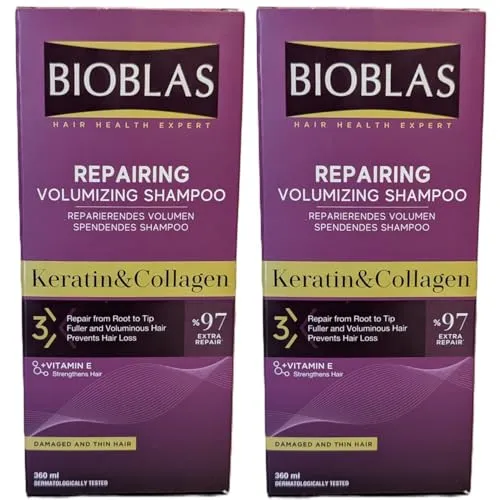 Bioblas Reparierendes Volumen Shampoo mit Keratin & Kollagen, 2er-Pack (2 x 360 ml) - Gegen Haarausfall, 97% Extra Repair für beschädigtes und dünnes Haar, Vorteilspack
