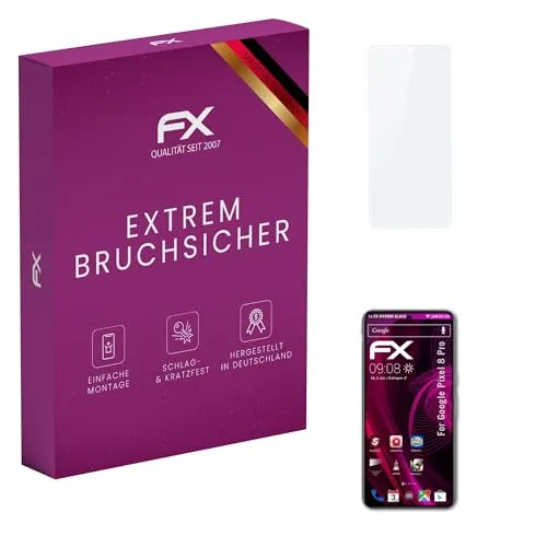 Produktbild atFoliX Glasfolie kompatibel mit Google Pixel 8 Pro Displayfolie, 9H Hybrid-Glass FX Schutzpanzer Folie