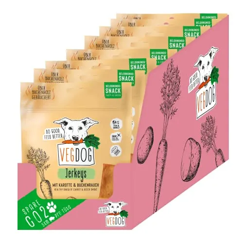 VEGDOG Jerkeys hypoallergener Snack für Hunde (9 x 80 g) | leckeres Aroma mit Buchenholz Rauch | Belohnungssnack für Allergiker mit Karotte und Gemüse