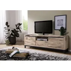 Massivmoebel24 TV-Board VILLANDERS aus Wildeiche - Lowboard aus hochwertiger Wildeiche mit einzigartigem Hirnholz-Element, Soft-Close-System und moderner Metall-Holz-Kombination für stilvolle Wohnräume.