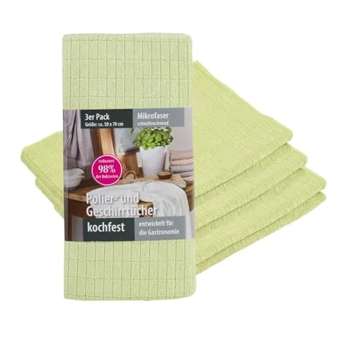 Liebling 3er Pack Mikrofaser Polier- und Geschirrtücher, saugstark in limonegrün - 3 Polier- und Geschirrtücher aus 85% Polyester und 15% Polyamid für hohe Feuchtigkeitsaufnahme. Ideal zum Trocknen und Polieren von Gläsern, waschbar bis 95 Grad und trocknergeeignet. Perfekte Ergebnisse ohne Chemikalien.