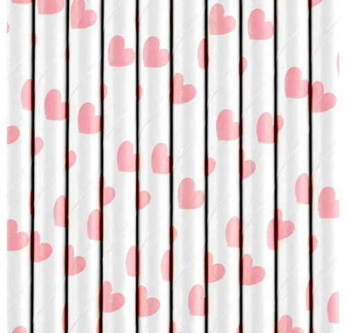 partydeco Trinkhalme, Papierstrohhalme mit Herzen 19cm weiß rosa 10er Set