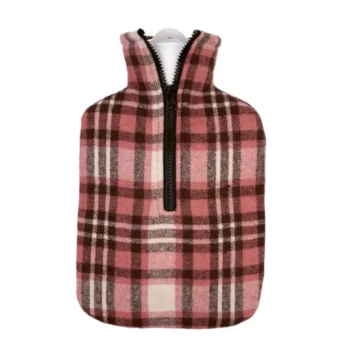 Hugo Frosch Wärmflasche Klassik 1,8l – Made in Germany – mit weichem Flanellbezug Karo Rosa-Braun – große, auslaufsichere & geruchsneutrale Bettflasche – langlebig & mit waschbarem Bezug