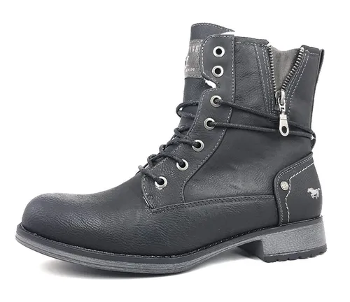 Mustang Damen Schnürboot Stiefelette Warmfutter 1139-630 in Schwarz - Wanderschuhe mit warmem Kunstfellfutter, ideal für kalte Tage. Der seitliche Reißverschluss ermöglicht schnelles An- und Ausziehen, während die rutschfeste Sohle für sicheren Halt sorgt.