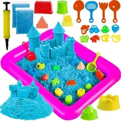 Sand Blau Kreativsand Set mit Förmchen und Schaufel - Magischer Kindersand in Blau mit 2 kg für kreatives Spielen. Enthält 14 Formen, Schaufel und aufblasbaren Sandkasten für endlosen Spaß und einfache Reinigung. Fördert Feinmotorik und Kreativität.