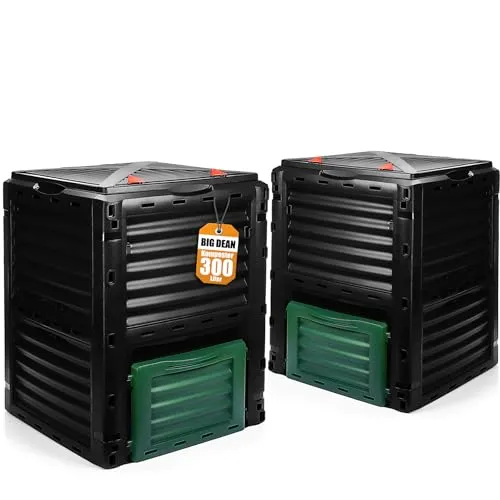 BigDean 2 Stück Komposter Garten 300 Liter - Komposte mit 300 L Fassungsvermögen, ideal für schnelle Kompostierung von Küchenabfällen und Gartenresten. Wetterfester Kunststoff sorgt für Langlebigkeit und die integrierte Sturmsicherung garantiert Stabilität.