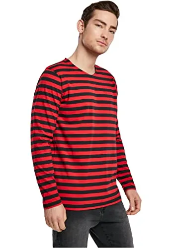 Urban Classics Herren Regular Stripe LS – Langarm T-Shirt im Regular Fit aus Baumwolle, gestreiftes Basic Oberteil mit Rundhalsausschnitt für Freizeit, Alltag & entspannte Looks,Firered/Blk,S