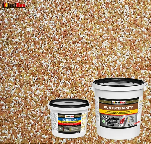 Buntsteinputz SET Mosaikputz BP 40 (braun, weiss, gelb) 25kg + Quarzgrund 4 kg - Mörtel, Putz, Zement & Gips - Flexibler, gebrauchsfertiger Buntsteinputz, ideal für Innen- und Außenanwendungen, schimmelresistent und frostbeständig.