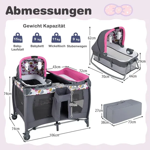 Tragbares 5-in-1-Reisebett mit Wickeltisch und Babywanne