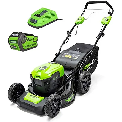 GreenWorks GD40LM46SPK4 Akku-Rasenmäher - Sichelmäher mit 46 cm Schnittbreite, selbstantrieb und bürstenlosem Motor für weniger Vibrationen. Inklusive 40V, 4Ah Akku und Ladegerät – ideal für müheloses Mähen!