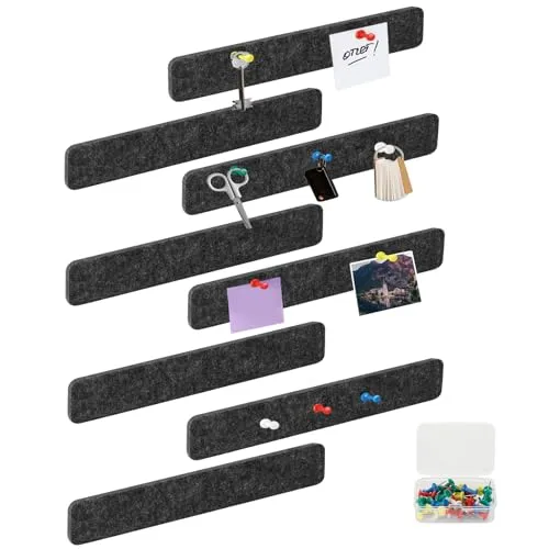 Pavlleen 8 Stück Filz Pinnwand Selbstklebend, Selbstklebende Filz mit 35 Pinnnadeln, Pinnwand Bar Streifen für Foto Hängen Zeitpläne Bulletin Tafeln Heimdekoration Wanddeko 30×5×0,8cm (Dunkelgrau)