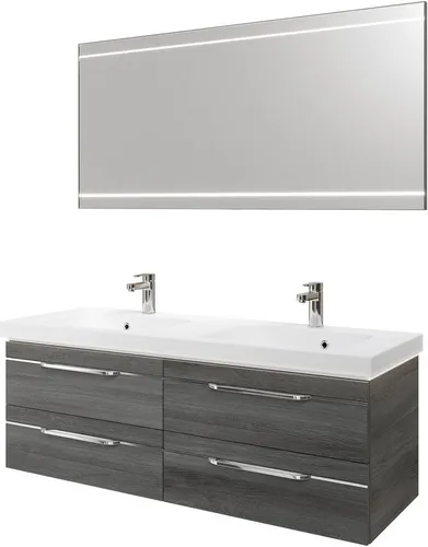 Saphir Badmöbel-Set Balto 2-teilig Mineralmarmor-Doppelwaschtisch mit LED-Spiegel, (2-St), Waschplatz 150 cm breit, 4 Schubladen, inkl. Schubladendämpfer