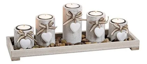 Teelichthalter 5er auf Tablett mit Steinen aus Holz Weiß (B/H/T) 38x12x11cm
