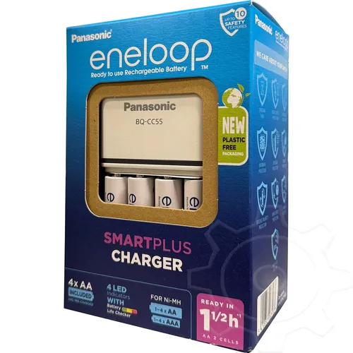 Panasonic Eneloop BQ-CC55 Akku-Ladegerät mit 4 Akkus - Batterien & Akkus, lädt bis zu 4 NiMH Akkus (AA, AAA) in ca. 2 Stunden und bietet Smart Charge Funktion mit LED-Anzeige für optimalen Ladezustand.