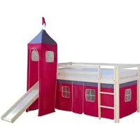 Homestyle4u Hochbett 90x200 Weiß mit Pinkem Vorhang - Kinderbett mit Spiel- und Schlafbereich, inklusive Sicherheitsumrandung und abgerundeten Kanten für mehr Sicherheit. Ideal für fantasievolle Abenteuer und ruhige Nächte.