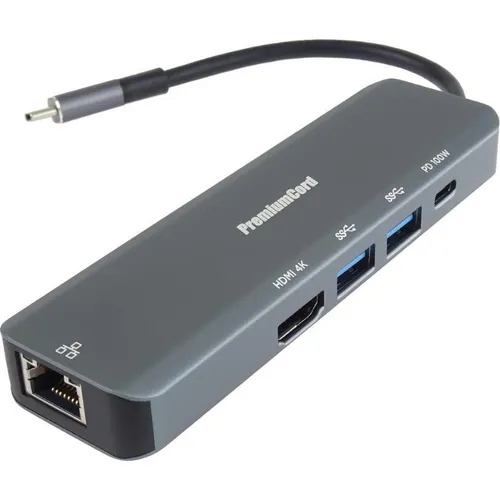PremiumCord -Adapter USB-C auf HDMI + 2x USB3.2 + PD 100W+ RJ45 10/100/1000Mbps (USB-A) (KU31DOCK19)