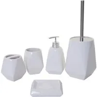 MCW Badset, Weiß, Keramik, 10x33x10 cm - Klobürsten-Set mit 5 eleganten Badutensilien aus hochwertiger Keramik, inklusive nachfüllbarem Seifenspender und auswechselbarem Bürstenkopf für mehr Ordnung und stilvolles Design.