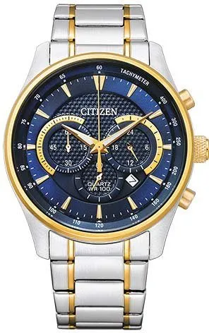Citizen AN8194-51L Herren-Armbanduhr - Eleganter Chronograph in Blau und Gold - Chronograph für Herren mit präzisem Quarzwerk, 100m wasserdicht, elegantem Design und Datumsanzeige - ideal für jeden Anlass.
