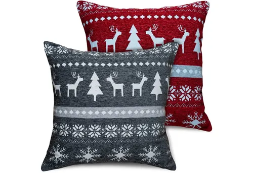 matches21 HOME & HOBBY Kissenbezüge 2er Misch-Set Kissenhüllen 45x45 cm Elche & Muster grau rot als Deko, (2 Stück), Zierkissen-Bezüge für Sofa-Kissen, Couch-Kissen