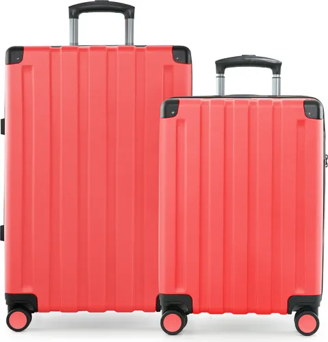 Q-Damm - 2er Koffer-Set Hartschalen-Trolleys mit Erweiterung 4 Doppelrollen, Koffer mit 4 Rollen, Bordkoffer + Check-In Gepäck, Hardshell Luggage, TSA,Korall