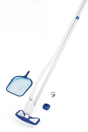 Bestway AquaClean Poolpflege Set mit pumpenbetriebenem Poolsauger - Schwimmbeckensauger für Aufstellpools, inkl. teleskopischem Kescher und Bürstensaugdüse – ideal für eine gründliche und einfache Poolreinigung!