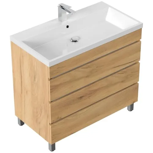 Magnolia Home Stand Badmöbel Via 90 SoftClose – Eiche Gold mit 3 grifflosen Schubladen - Stilvolles Badezimmermöbel in Eiche Gold, ausgestattet mit SoftClose-Technologie und drei grifflosen Schubladen für eleganten Komfort und praktische Nutzung.