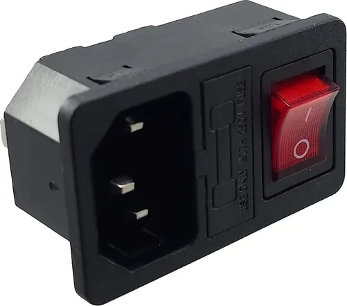 Kaltgeräte Steckverbinder Stecker C-14 mit rotem Schalter und Sicherung 10A/250V