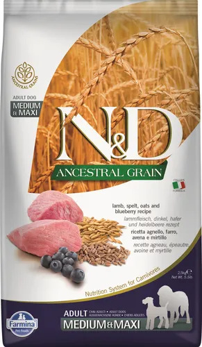Farmina N&D Low Ancestral Grain - Trockenfutter für Hunde Adult Medium Maxi - Hundefutter, speziell für mittelgroße und große Rassen, mit 60% hochwertigen tierischen Rohstoffen, Urgetreide und natürlichen Antioxidantien für optimale Gesundheit und Vitalität.