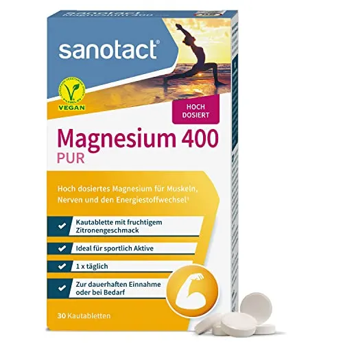 sanotact Magnesium 400 (30 Kautabletten) • Magnesium hochdosiert für Muskeln & Nerven • 400mg Magnesium mit Sofortwirkung • 100% Vegan • Magnesiumcarbonat & Magnesiumoxid