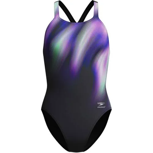 Speedo Women's Placement Printed Powerback Badeanzug Gr 36 schwarz - Badeanzug für das Schwimmtraining in Schwarz, Gr. 36. Hergestellt aus 53% recyceltem Polyester, bietet er optimalen Stretch und Komfort für Schwimmerinnen.