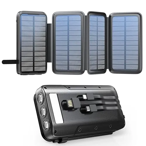 Solar Powerbank 20000mAh, Tragbares Solar-Ladegerät mit 4 Solar-Panels | Outdoor Wasserfester Externer Akku mit 3 Kabel and 3 LED Taschenlampe für Smartphones Tablets Camping
