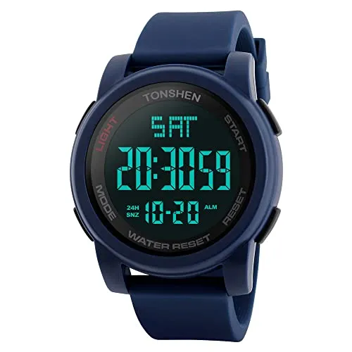 TONSHEN Herren Digital Uhren Outdoor Militär 50M Wasserdicht Multifunktional Sportuhr LED Elektronik Doppelte Zeit Groß Plastik Lünetten und Kautschuk Band Armbanduhr (Blau)