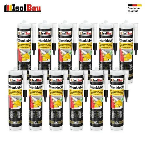 Folienkleber 12 x Dichtkleber - Hochwertige Dichtmasse für Baufolien - Hochwertiger Folienkleber für Baufolien und Isoliermatten. Wetterfest und selbstklebend, ideal für einfache Anwendungen ohne Anpresslatte. Hohe Klebkraft auf feuchten Untergründen.