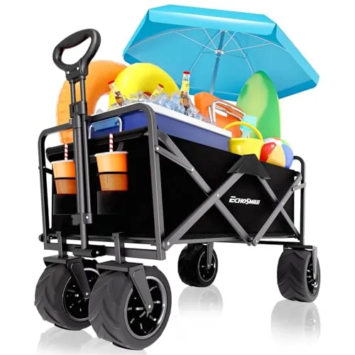 EchoSmile Bollerwagen Faltbar 200L 160KG, Handwagen Transportwagen Klappbar mit Verstellbarem Griff & Seitentaschen, Breite Räder All-Terrain Strandwagen Gartenwagen Einkaufswagen, Schwarz