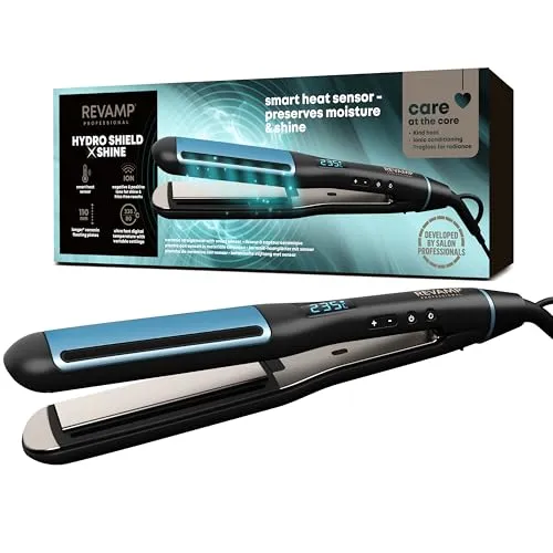 Revamp Professional Hydro Shield X Shine Glätteisen - Glätteisen mit innovativer Hitzeschutztechnologie und Smart-Sensor für gesundes, glänzendes Haar. Ideal für jeden Haartyp und mit Keramikplatten angereichert mit Progloss Ölen.