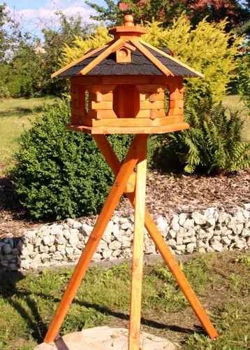 Holzdekoladen Vogelhaus XL mit Ständer – Wetterfest und stilvoll - Tierhäuser – Großes 6-eckiges Vogelhaus mit Futterdosierer und sechs Einflugöffnungen, ideal für Ihren Garten. Inklusive Dreibeinständer und wählbaren Dachfarben.