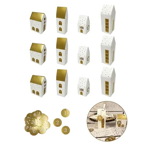 Oblique Unique® 12 Deko Häuschen Schachteln Boxen + Adventskalender Zahlen 1 bis 24 DIY Dekoration für Advent Weihnachten Kinder Basteln Weihnachtszeit