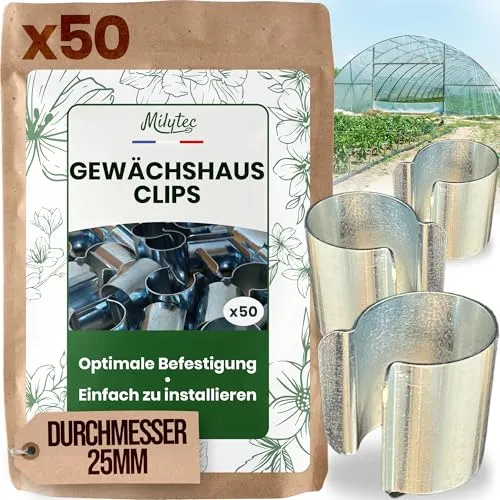 MILYTEC Gewächshaus Clips 50 Stück – Metall-Befestigungsclips aus Edelstahl (25 x 30 mm) – Sicherer Halt für Gewächshausplane, Gartentunnel & Pflanzenschutz – Wind- & sturmfest